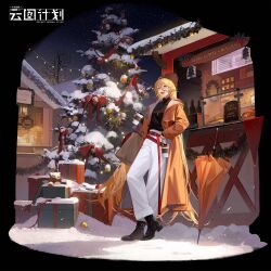  1girl :d absurdres ankle_boots bag beanie belt black_background black_footwear black_hat black_sweater blonde_hair boots bow box christmas christmas_ornaments christmas_tree christmas_wreath closed_umbrella coat coffee_cup copyright_name crossed_legs cup disposable_cup dlgeria food_stand full_body gift gift_box girls&#039;_frontline girls&#039;_frontline_neural_cloud hair_between_eyes hat highres holding holding_bag holding_cup jewelry logo long_hair looking_to_the_side menu_board night night_sky official_art open_mouth orange_coat orange_umbrella outdoors pants pendant red_belt red_bow shopping_bag sky smile snow sol_(neural_cloud) solo standing star_(sky) starry_sky steam string_of_light_bulbs stuffed_animal stuffed_toy sweater sweater_tucked_in teddy_bear turtleneck turtleneck_sweater umbrella very_long_hair weibo_logo white_pants winter wreath yellow_eyes 