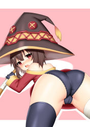 1girl ass ass_focus bandaged_leg bandages bare_shoulders belt black_gloves black_hair black_thighhighs blush brown_hair commentary_request dress fingerless_gloves gloves hat holding holding_staff kono_subarashii_sekai_ni_shukufuku_wo! large_hat looking_at_viewer megumin open_mouth panties pink_background red_dress red_eyes short_hair single_thighhigh solo staff teeth thighhighs toshishikisai underwear upper_teeth_only witch_hat rating:Questionable score:47 user:danbooru