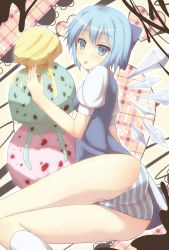 1girl :p ass bad_id bad_pixiv_id blue_eyes blue_hair blush cirno dress food gingami heart highres ice ice_cream legs looking_back matching_hair/eyes open_mouth oversized_object panties samegami short_hair solo striped_clothes striped_panties tongue tongue_out touhou underwear wings rating:Sensitive score:13 user:danbooru