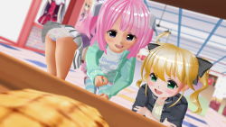  3d 3girls ass bakery bent_over black_jacket blonde_hair blue_eyes blue_hoodie blush bow bow_print box bread cardboard_box ceiling closed_eyes clothes_writing collarbone crossed_arms custom_maid_3d custom_maid_3d_2 food from_behind green_eyes hair_bow hairband heart heart_print highres hood hoodie jacket kuroi_serika_(st205yat) light long_hair long_sleeves looking_down multiple_girls open_clothes open_hoodie open_jacket open_mouth panties pantyshot picture_frame pink_hair pink_shirt pink_skirt pointing print_panties print_shirt school_uniform shirt shop short_sleeves skirt smile squatting standing star_(symbol) star_print teeth twintails underwear wall white_panties white_shirt white_skirt yellow_shirt 