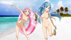2girls ;d absurdres arm_up ass asuna_(alo) asuna_(sao) asuna_(sao-alo) beach blue_flower blue_hair blue_ribbon braid breasts cleavage cleft_of_venus completely_nude feather_hair_ornament feathers feet floating_hair flower full_body green_flower hair_flower hair_ornament hibiscus high_heels highres innertube leaning_forward leg_up lisbeth_(sao) lisbeth_(sao-alo) long_hair looking_at_viewer medium_breasts multiple_girls navel nipples no_bra no_panties nude nude_filter one_eye_closed open-toe_shoes open_mouth orange_eyes orange_hair outdoors pink_flower pink_hair pussy red_flower ribbon rose sandals shinozaki_rika short_hair simple_background smile sparkle_background standing swim_ring sword_art_online sword_art_online:_alicization sword_art_online:_code_register thighs third-party_edit toes uncensored very_long_hair water white_background white_flower white_rose wink rating:Explicit score:107 user:shelly69