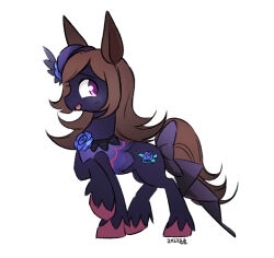  1girl animal_ears animalization blue_flower blue_fur blue_hat blue_rose bow brown_hair brown_tail cutie_mark fascinator flower frilled_shirt_collar frills hair_over_one_eye hat hat_flower horse_ears horse_tail my_little_pony my_little_pony:_friendship_is_magic no_humans purple_bow purple_eyes purple_shirt rice_shower_(umamusume) rose shirt solo tail tail_bow tail_ornament umamusume zzekzzek 