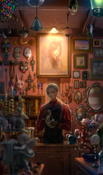 1boy absurdres backlighting bead_necklace beads black_gloves black_necktie black_vest blurry bonsai bookshelf bottle broken_mask cable candle candlestand ceiling_light charm_(object) cleaning collared_shirt counter crescent cross crystal cup daihannya_nagamitsu_(touken_ranbu) depth_of_field drinking_glass earrings facepaint facial_mark gem glass gloves hair_over_one_eye hair_strand hannya highres holding indoors jar jewelry lamp latin_cross light_bulb lips long_hair long_sleeves looking_at_viewer low_ponytail magatama male_focus mask mirror necklace necktie noh_mask oni_mask painting_(object) photo_(object) picture_frame ponytail portrait_(object) rabbit_mask rag red_eyes red_shirt severed_limb shirt shop smile smoking_pipe stained_glass standing star_(symbol) statue sun_symbol tassel tie_clip touken_ranbu vest wing_collar yukimaru_(mamecho) rating:Sensitive score:3 user:danbooru