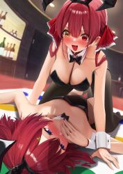 2girls absurdres amane_sora ange_katrina animal_ears bare_shoulders black_leotard blue_eyes blush breasts covering_own_mouth fake_animal_ears girl_on_top heterochromia highres hololive houshou_marine large_breasts leotard long_hair multiple_girls nijisanji open_mouth playboy_bunny rabbit_ears red_hair small_breasts smile sweat virtual_youtuber yellow_eyes 