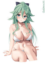 1girl alternate_costume aqua_eyes aqua_hair bare_shoulders bikini blue_eyes blush breasts collarbone cropped_legs ebifurya feet_out_of_frame green_hair hair_between_eyes hair_flaps hair_ornament hair_ribbon hairclip high_ponytail highres kantai_collection large_breasts long_hair looking_at_viewer navel one-hour_drawing_challenge parted_lips ponytail ribbon simple_background solo stomach swimsuit twitter_username white_background white_bikini yamakaze_(kancolle) rating:Sensitive score:17 user:danbooru