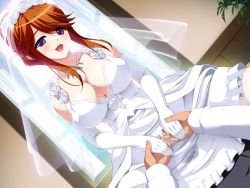  1girl berochu! breasts bridal_veil brown_hair dress game_cg indoors jewelry large_breasts male_hand misono_chiharu necklace purple_eyes pussy_juice veil wedding_dress white_dress  rating:Explicit score:40 user:yoanuu