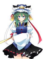  1girl black_skirt blue_eyes blue_hat blue_vest breasts buttons commentary_request cowboy_shot epaulettes frilled_hat frills gold green_hair hat highres holding_rod ichimura_kanata juliet_sleeves long_sleeves looking_at_viewer mandarin_collar medium_breasts puffy_sleeves red_ribbon ribbon ribbon-trimmed_skirt ribbon_trim rod_of_remorse shiki_eiki shirt simple_background skirt solo touhou v-shaped_eyebrows vest white_background white_ribbon white_shirt wide_sleeves 