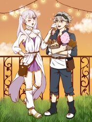  1boy 1girl asta_(black_clover) black_clover blush date food food_on_face highres holding holding_food ice_cream noelle_silva one_eye_closed open_mouth smile twintails  rating:General score:3 user:Astelle_