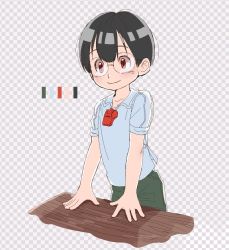  1boy black_hair blue_shirt color_guide commentary_request glasses green_pants highres made_in_abyss male_focus pants red_eyes shiggy_(made_in_abyss) shirt short_sleeves smile solo standing usuki_(usukine1go) whistle  rating:Sensitive score:2 user:danbooru