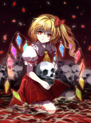  1girl absurdres ascot blonde_hair crystal_wings dress flandre_scarlet frills hair_ribbon highres puffy_short_sleeves puffy_sleeves red_dress red_eyes red_ribbon ribbon short_sleeves side_ponytail skull smile solo touhou vioro water yellow_ascot 