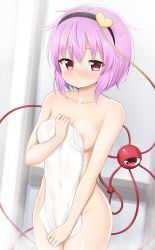 1girl areola_slip arm_behind_back bare_shoulders bathroom blush breasts cleavage collarbone covered_erect_nipples covered_navel covering_crotch covering_privates eyes_visible_through_hair groin hair_ornament hairband heart heart_hair_ornament highres komeiji_satori looking_at_viewer medium_breasts naked_towel nude_cover pink_eyes pink_hair see-through short_hair suwa_yasai third_eye touhou towel rating:Questionable score:32 user:danbooru