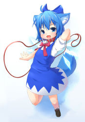  1girl animal_ears arms_up blue_eyes blue_hair cirno collar dress embodiment_of_scarlet_devil fang female_focus flat_chest fox_ears fox_tail full_body glowing gradient_background hair_ribbon kagerofu leash looking_at_viewer matching_hair/eyes open_mouth ribbon solo tail touhou white_background wings  rating:Sensitive score:22 user:i_am_gundam