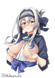 1girl ainu ainu_clothes bandana blue_eyes blush breast_hold breasts breasts_out cropped_jacket dress ebifurya folded_ponytail hair_censor headband highres kamoi_(kancolle) kantai_collection large_breasts looking_at_viewer pout sidelocks silver_hair simple_background sleeveless sleeveless_dress solo tearing_up tears thick_eyebrows twitter_username upper_body white_background white_dress wrist_guards rating:Questionable score:9 user:danbooru
