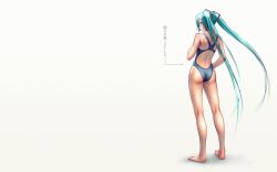  1girl aqua_hair arrow_(symbol) ass barefoot blush casual_one-piece_swimsuit female_focus from_behind full_body green_hair hatsune_miku long_hair looking_at_viewer looking_back one-piece_swimsuit simple_background solo swimsuit takouji translation_request twintails very_long_hair vocaloid wokada 