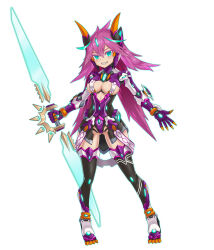  1girl android aqua_eyes armor blush breasts cleavage_cutout clothing_cutout fangs full_body hexagon_print holding holding_weapon horns kurobuchi_numama large_breasts long_hair mecha mecha_musume mechanical_parts original pink_hair polearm robot skirt smile spear spiked_hair thighhighs weapon white_background 