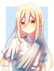 1girl afuro_terumi bad_id bad_pixiv_id blonde_hair blue_background blurry border character_request closed_mouth copyright_request depth_of_field gloves hair_between_eyes highres long_hair long_hair_between_eyes looking_at_viewer orange_eyes outside_border radioz red_eyes shirt sidelocks smile soccer_uniform solo sportswear tunic upper_body very_long_hair white_border white_shirt