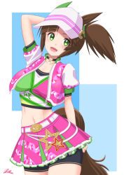  1girl animal_ears arm_up bike_shorts black_shorts blush breasts brown_hair cleavage closed_mouth clothing_cutout cowboy_shot crop_top cropped_jacket ear_covers green_eyes hand_on_own_thigh hat highres horse_ears horse_girl horse_tail ines_fujin_(umamusume) jacket large_breasts medium_hair multicolored_background open_clothes open_jacket open_mouth pink_jacket pink_skirt puffy_short_sleeves puffy_sleeves short_sleeves shorts side_ponytail signature simple_background single_ear_cover skirt smile solo t2r tail tail_through_clothes umamusume visor_cap white_background white_hat wristband 
