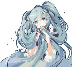 1girl blunt_bangs covered_mouth dress hair_ribbon hatsune_miku highres holding holding_hair jokanhiyou long_hair ribbon simple_background solo twintails very_long_hair vocaloid white_background rating:General score:7 user:danbooru