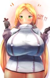  1girl black_gloves blonde_hair breasts buttons chocolate cowboy_shot dot_nose double-breasted dress english_text female_focus food gloves green_eyes highres holding holding_chocolate holding_food huge_breasts ituki_gi last_origin long_hair looking_at_viewer nymph_(last_origin) puffy_sleeves solo standing thick_thighs thighs w_arms white_background white_dress 