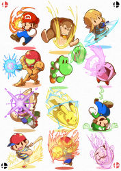  04sora40 2girls 6+boys arm_cannon baseball_bat belt black_eyes blonde_hair body_armor brown_footwear captain_falcon chibi clenched_hand creatures_(company) crossover denim donkey_kong donkey_kong_(series) egg electricity f-zero facial_hair falcon_punch fire fox fox_mccloud frown game_freak gen_1_pokemon gloves green_headwear helmet highres holding holding_sword holding_weapon jeans jigglypuff kirby kirby_(series) link lizard mario mario_(series) metroid mother_(game) mother_2 motion_blur multiple_boys multiple_girls mustache necktie ness_(mother_2) nintendo overalls pants pikachu pointy_ears pokemon pokemon_(creature) pokemon_move pouch punching red_headwear red_helmet red_neckwear rollout_(pokemon) samus_aran scouter slashing sparkle star_fox super_smash_bros. sword the_legend_of_zelda the_legend_of_zelda:_breath_of_the_wild throwing upside-down weapon white_gloves yoshi 