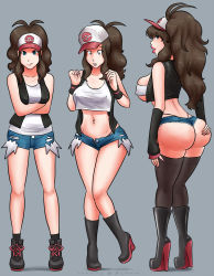 1girl ahoge arm_warmers ass bare_shoulders blue_eyes boots breasts brown_hair covered_erect_nipples creatures_(company) cross-laced_footwear denim denim_shorts game_freak hat high_heel_boots high_heels highres hilda_(pokemon) huge_breasts lips looking_back navel nintendo piercing pokemon pokemon_bw ponytail shirt shoes shorts sidelocks simple_background solo source_request surprised thighhighs thong underboob underwear vest xxxx52  rating:Questionable score:65 user:lol249999999999999