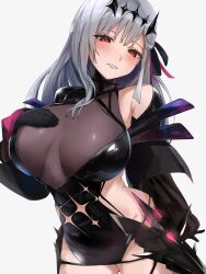 1girl absurdres ace_giiive black_dress black_gloves black_ribbon blush breasts cleavage detached_sleeves diadem dress gloves goddess_of_victory:_nikke grey_hair hair_ribbon hand_on_own_chest highres large_breasts long_hairmodernia_(second_affection)_(nikke) looking_at_viewer marian_(nikke) modernia_(nikke) parted_lips purple_ribbon red_eyes ribbon see-through see-through_cleavage simple_background solo white_background 