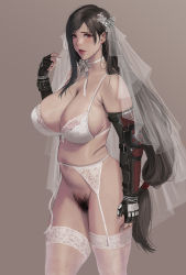 1girl alternate_costume arm_at_side black_gloves black_hair bottomless bra breasts bride choker commentary_request earrings excessive_pubic_hair female_pubic_hair final_fantasy final_fantasy_vii final_fantasy_vii_remake fingerless_gloves flower gloves hair_flower hair_ornament hand_up highres jeneral jewelry large_breasts lipstick long_hair looking_at_viewer makeup mature_female mixed-language_commentary paid_reward_available parted_lips pubic_hair red_eyes red_lips ribbon ribbon_bra see-through simple_background solo square_enix standing thighhighs tifa_lockhart underwear underwear_only veil very_long_hair white_bra white_choker white_flower white_ribbon white_thighhighs rating:Questionable score:242 user:danbooru