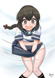  1girl @_@ akashieru black_hair blue_sailor_collar blue_skirt braid brown_eyes feet_out_of_frame gluteal_fold highres isonami_(kancolle) kantai_collection knees_together_feet_apart one-hour_drawing_challenge open_mouth panties pleated_skirt sailor_collar sailor_shirt school_uniform serafuku shirt simple_background single_braid skirt skirt_hold solo underwear wavy_mouth white_background white_panties white_shirt wind wind_lift 