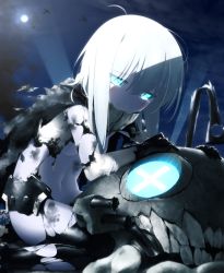  10s 1girl abyssal_ship blue_eyes blurry blush bodysuit depth_of_field gloves glowing glowing_eyes goribote highres kantai_collection long_hair monster pale_skin personification short_hair silver_hair solo tears torn_clothes wo-class_aircraft_carrier  rating:Sensitive score:15 user:danbooru