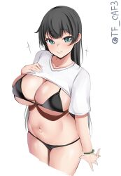  1girl agano_(kancolle) alternate_costume aqua_eyes bikini black_bikini black_hair blue_nails blush breasts cleavage closed_mouth clothes_lift commentary_request cowboy_shot cropped_legs hand_on_own_chest highres kantai_collection large_breasts long_hair lowleg lowleg_bikini nail_polish navel one-hour_drawing_challenge shirt shirt_lift simple_background smile solo standing swimsuit tf_cafe twitter_username white_background white_shirt 