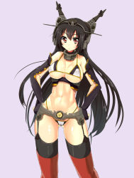  10s 1girl abs adapted_costume ajikan_(azican) bikini black_hair blush breasts elbow_gloves gloves hairband hands_on_own_hips headgear highleg highleg_bikini highleg_swimsuit kantai_collection long_hair micro_bikini nagato_(kancolle) navel personification red_eyes simple_background solo sweatdrop swimsuit thighhighs underboob 