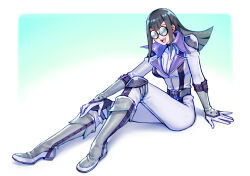  1girl arm_support belt biker_clothes bikesuit black_hair bodysuit boots breasts carly_nagisa coke-bottle_glasses cosplay elbow_pads glasses gloves grey_footwear high_collar izapara jack_atlas jack_atlas_(cosplay) knee_pads long_hair medium_breasts open_mouth racing_suit round_eyewear shoulder_pads sitting smile solo teeth tongue upper_teeth_only white_bodysuit yu-gi-oh! yu-gi-oh!_5d&#039;s 