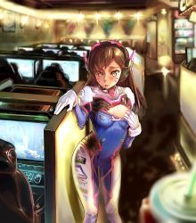 1girl :p absurdres blush bodysuit breasts brown_eyes brown_hair contrapposto cowboy_shot d.va_(overwatch) dongle donguru facial_mark flashing gloves headphones highres internet_cafe long_hair looking_at_viewer medium_breasts meta monitor overwatch overwatch_1 pilot_suit pov smile soda solo standing sweat swept_bangs tongue tongue_out whisker_markings white_gloves  rating:Questionable score:37 user:GeminiViRiS