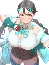  1girl absurdres alternate_costume blush breasts candice_(pokemon) cleavage creatures_(company) game_freak highres hizakake huge_breasts nintendo poke_ball poke_ball_(basic) pokemon pokemon_dppt simple_background solo thick_thighs thighs twintails white_background  rating:Sensitive score:43 user:RIG