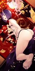 1girl absurdres ass ayubee barefoot black_panties blunt_bangs bob_cut cherry_blossoms fangs fate/grand_order fate_(series) feet foot_focus foreshortening highres horns looking_at_viewer open_mouth panties pov purple_eyes purple_hair shuten_douji_(fate) sitting soles thick_eyebrows toes underwear 
