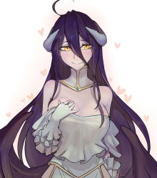  1girl ahoge albedo_(overlord) bare_shoulders black_hair blush breasts cleavage demon_girl detached_collar gloves hair_between_eyes heart hip_vent horns large_breasts long_hair looking_at_viewer overlord_(maruyama) simple_background smile solo very_long_hair walzrj white_background white_gloves yellow_eyes  rating:Sensitive score:52 user:danbooru