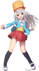  1girl black_socks blue_jacket commentary_request full_body hat highres jacket kneehighs long_hair looking_at_viewer mascot murata_tefu open_mouth pleated_skirt red_skirt silver_hair simple_background skirt smile socks solo umami-chan white_background yaokin 