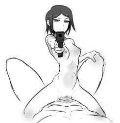 1boy 1girl black_hair breasts closed_mouth collarbone cowgirl_position cum cum_in_pussy cum_pool danganronpa_(series) expressionless eyebrows frown girl_on_top groin gun gun_pointing_at_viewer half-closed_eyes handgun hetero ikusaba_mukuro looking_at_viewer midriff monochrome navel nipples nude polyle pov pussy sex short_hair simple_background sketch small_breasts solo_focus spread_legs stomach_bulge straddling uncensored vaginal weapon white_background  rating:Explicit score:219 user:Anon0001