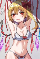  1girl @_@ absurdres armpits arms_behind_head arms_up blonde_hair bow bow_bra bow_panties bra breasts cleavage commentary crystal fang flandre_scarlet flying_sweatdrops grey_background grey_bra grey_panties hair_bow highres kiui_(dagk8254) lace lace-trimmed_bra lace_trim looking_at_viewer medium_breasts medium_hair navel no_headwear open_mouth panties red_bow red_eyes skin_fang solo standing sweatdrop touhou underwear underwear_only wings 