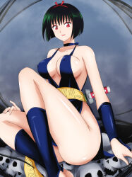  1girl arm_support ass bare_arms bare_legs bare_shoulders blue_choker blue_dress blue_gloves bottomless breasts breasts_apart bridal_gauntlets choker collarbone covered_erect_nipples curvy dress feet_out_of_frame gloves green_hair hair_between_eyes hairband highres huge_ass inuyasha kneehighs large_breasts light_smile looking_at_viewer mitora5 obi red_eyes red_hairband revealing_clothes sakasagami_no_yura sash simple_background sitting socks solo stirrup_legwear toeless_legwear wide_hips yellow_sash 