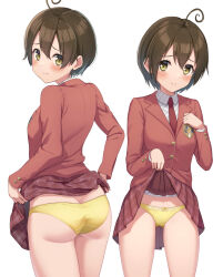  1girl ahoge ass brown_hair closed_mouth clothes_lift collared_shirt commentary_request highres jacket kamuchin_soda lifting_own_clothes long_sleeves looking_at_viewer multiple_views necktie original panties plaid plaid_skirt pleated_skirt red_jacket red_necktie red_skirt shirt short_hair simple_background skirt skirt_lift smile standing underwear uniform white_background white_shirt yellow_eyes yellow_panties 