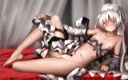  10s 1girl aftersex altera_(fate) bare_shoulders barefoot blunt_bangs blush censored collarbone cum cum_in_pussy dark-skinned_female dark_skin detached_sleeves fate/extra fate/grand_order fate_(series) feet female_focus flat_chest full-body_tattoo full_body ginhaha long_sleeves lying navel nipples partially_undressed pussy red_eyes short_hair smile solo tattoo tears thighs veil  rating:Explicit score:76 user:aureligm