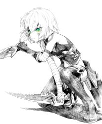  1girl arm_belt bandaged_arm bandages bare_shoulders boots commentary_request dagger dual_wielding fate/apocrypha fate/grand_order fate_(series) fingerless_gloves full_body gloves green_eyes hand_up holding holding_dagger holding_knife holding_weapon jack_the_ripper_(fate/apocrypha) knife looking_ahead monochrome navel on_one_knee panties partial_commentary scar scar_across_eye serious shirt short_hair shoulder_tattoo simple_background single_glove sleeveless sleeveless_shirt solo spot_color tattoo thigh_boots underwear waka_(shark_waka) weapon white_background 