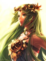 1girl backlighting bare_shoulders bellhenge breasts choker circlet crown green_eyes green_hair highres jewelry kid_icarus kid_icarus_uprising lips long_hair lots_of_jewelry matching_hair/eyes md5_mismatch neck_ring necklace nintendo nose palutena resized resolution_mismatch smile solo source_smaller super_smash_bros. tiara toga upper_body upscaled very_long_hair  rating:Sensitive score:44 user:beastmegs