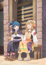  2girls :d ^_^ absurdres apron black_feathers black_skirt black_thighhighs blue_hair blunt_bangs boots brown_footwear brown_hair capelet closed_eyes day earrings feather_hair_ornament feathers floral_print flower genjitsu_no_yohane grey_capelet hair_bun hair_flower hair_ornament hanamaru_(genjitsu_no_yohane) heart heart_earrings highres jewelry kunikida_hanamaru long_skirt long_sleeves love_live! love_live!_sunshine!! multiple_girls open_mouth orange_apron outdoors pants pink_feathers print_shirt purple_pants red_eyes shirt short_hair short_sleeves side_slit single_hair_bun single_side_bun sitting skirt smile thighhighs tsushima_yoshiko vorupi white_feathers white_flower white_shirt yohane_(genjitsu_no_yohane) 