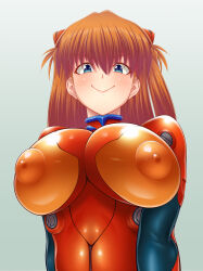  1girl :&gt; alternate_breast_size blue_eyes blush bodysuit breasts impossible_clothes interface_headset large_breasts long_hair looking_at_viewer neon_genesis_evangelion nipples pilot_suit pixiv1478062 plugsuit puffy_nipples red_bodysuit shiny_clothes simple_background skin_tight smile solo souryuu_asuka_langley upper_body  rating:Questionable score:28 user:danbooru