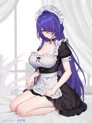  1girl acheron_(honkai:_star_rail) apron artist_name bell breasts cleavage earrings hair_over_one_eye highres honkai:_star_rail honkai_(series) jewelry kneeling large_breasts long_hair looking_at_viewer maid maid_apron maid_headdress multicolored_hair neck_bell on_bed purple_eyes purple_hair seiza sitting smile solo streaked_hair thighhighs very_long_hair white_thighhighs yunkaiming 