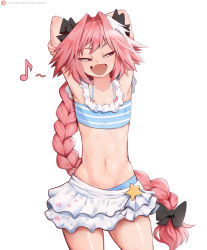  1boy absurdres armpits arms_up astolfo_(fate) belly black_ribbon braid fate/apocrypha fate_(series) highres midriff navel pink_eyes pink_hair ribbon skirt sky_guy_art smile striped swimsuit trap  rating:Questionable score:137 user:explosive_semen