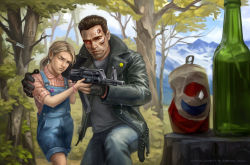 1boy 1girl adlovett age_difference aiming arnold_schwarzenegger assault_rifle badge belt black_belt black_gloves black_jacket blonde_hair blue_pants blue_sky bush button_badge can child collaboration commentary day denim denim_shorts denim_vest drink_can emoji english_commentary english_text foliage glass_bottle gloves glowing glowing_eyes green_bottle grey_shirt gun hand_on_another&#039;s_shoulder holding holding_gun holding_weapon humanoid_robot jacket jeans kalashnikov_rifle knife leather leather_jacket long_sleeves looking_at_another looking_at_object mountain mountains open_clothes open_jacket orange_shirt outdoors pants peace_symbol pepsi pocket ponytail rifle robot sarah_connor scar scar_on_face shirt short_hair short_sleeves shorts size_difference sky smiley_face soda_can standing t-800 t-shirt target_practice terminator_(series) the_terminator throwing_knife tree tree_stump unzipped weapon zipper