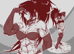  1girl abs arms_up breasts choker elbow_gloves gloves hushabye leona_heidern long_hair muscular muscular_female original ponytail solo  rating:Questionable score:45 user:danbooru